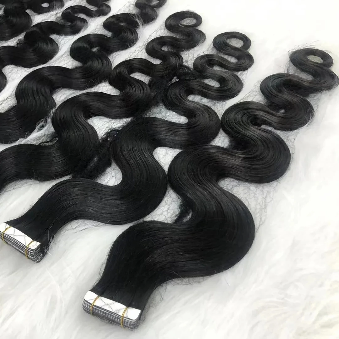 

good quality natural black color invisible tape in extensions raw human hair body wave