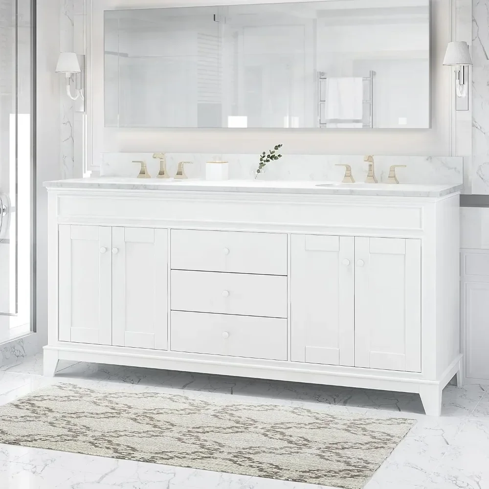 61" Double Sink Bathroom Vanity with Marble Top, Solid Wood Bathroom Vanity with 3 Drawers and 4 Doors, Vanities