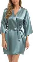 Womens Kimono Robes Dressing Gown Satin Bathrobe Nightdress Short Style Bridal Robe