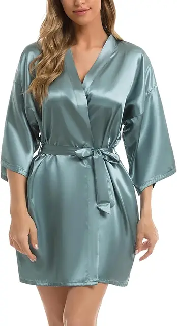Womens Kimono Robes Dressing Gown Satin Bathrobe Nightdress Short Style Bridal Robe