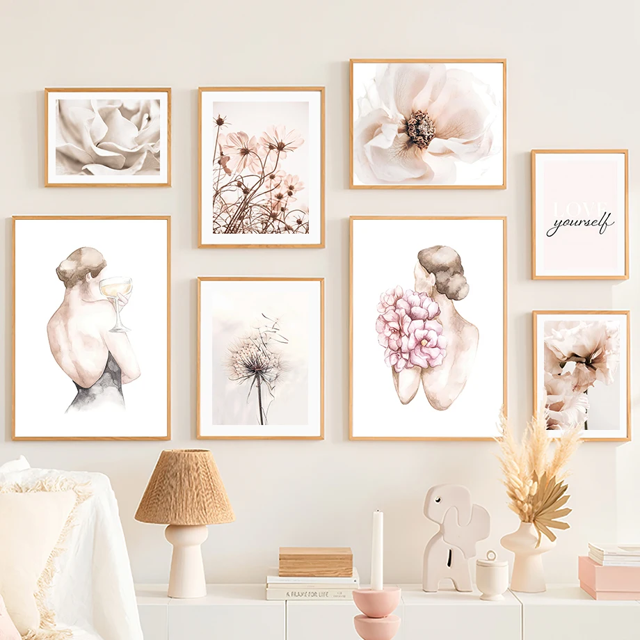 

Abstract Girl Flower Rose Peony Dandelion Wall Art Canvas Painting Nordic Posters And Prints Wall Pictures For Living Room Decor