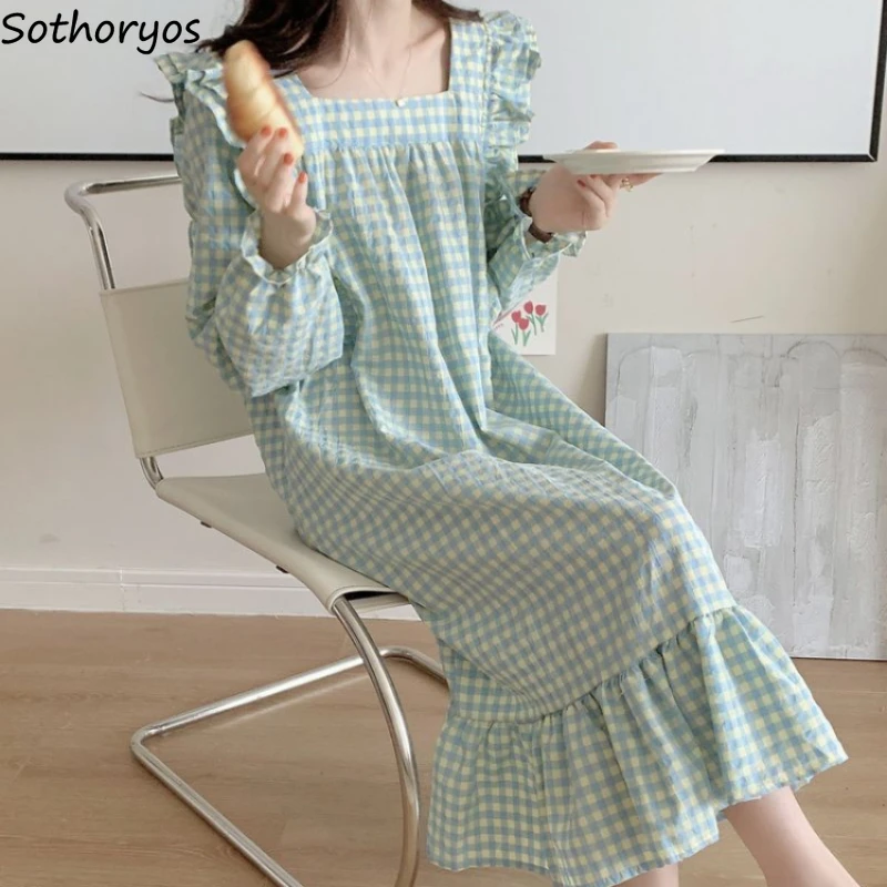 

Женские рубашки для сна в клетку, милые женские рубашки с оборками, модная мягкая одежда для отдыха с квадратным воротником в Корейском стиле, шикарная одежда для сна
