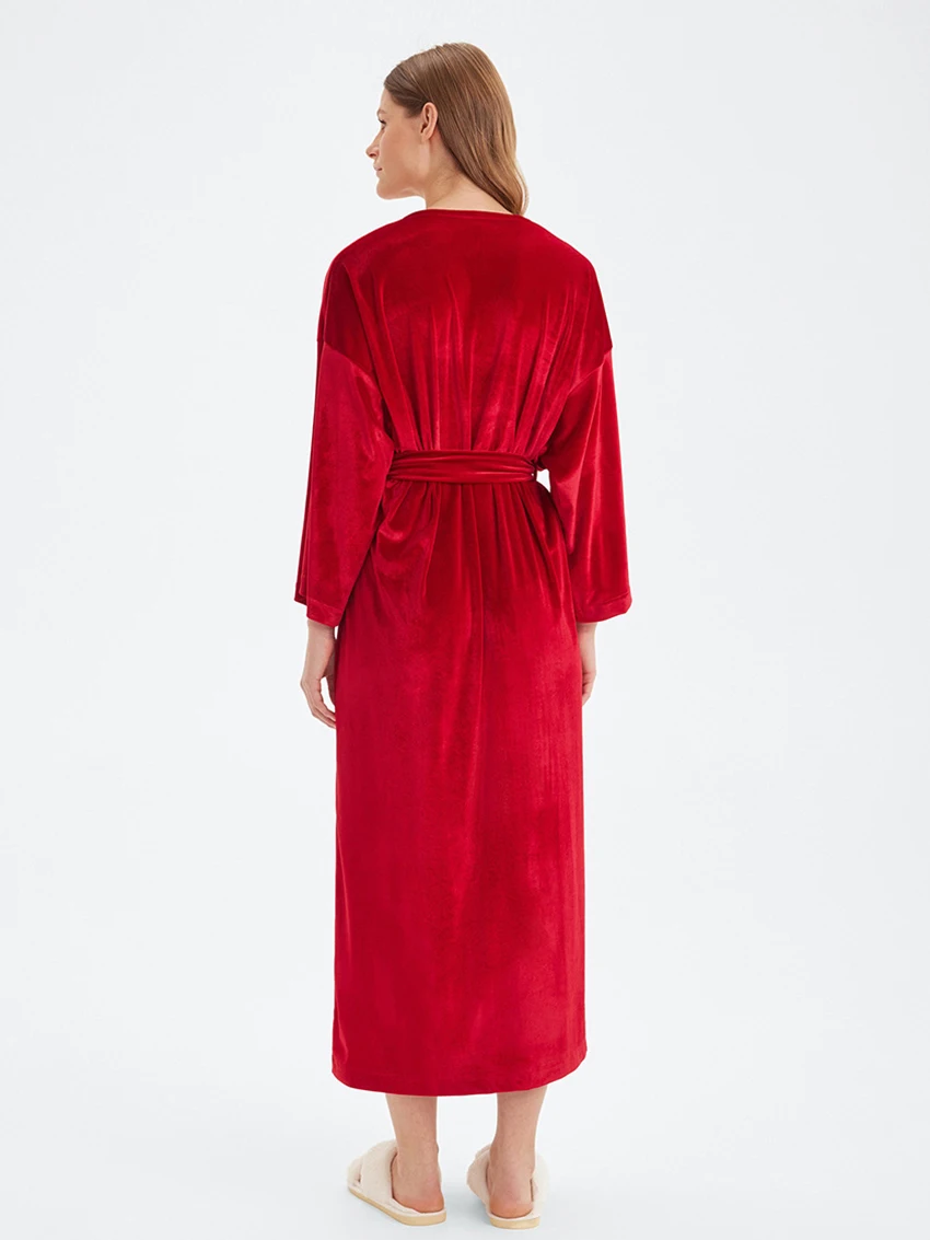 Marthaqiqi 2024 Winter Women'S Robe Long Sleeve Sleepwear Lace Up Pajamas Sexy V-Neck Bathrobe New Year Red Ladies Nightgowns