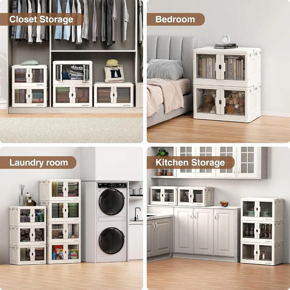 4 Pack Stackable Storage Bins , Plastic Collapsible Storage Bins with Lids and Wheels, Folding Box for Home Dorm