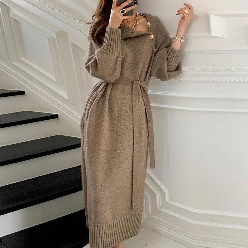 

Women's Casual Long Sweater 2023 Autumn Winter New Fashion Korean Lace-up Waist Knitted Dress Loose Pullover Turtleneck Jumpers