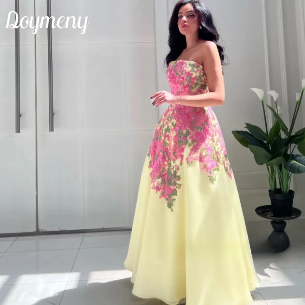 

Doymeny Saudi Arabic Women Yellow Floral Lace A Line Evening Dresses Strapless Floor Length Corset Back Prom Gowns Formal Party
