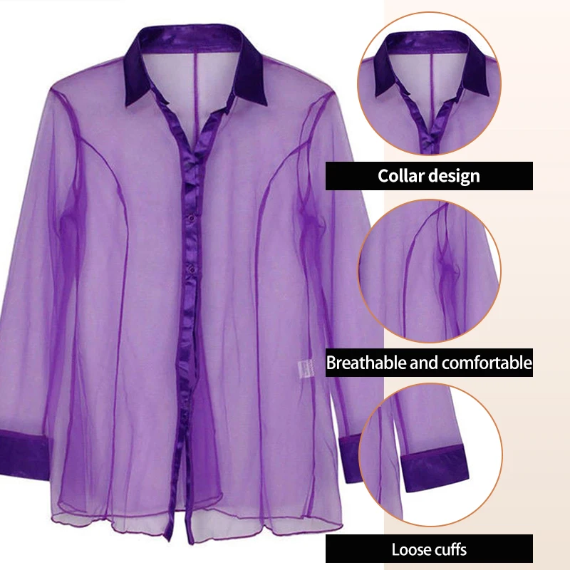 Women's Home Slimming Sexy Perspective Sheer Long Sleeved Shirt Pajamas Women's Sexy Home Casual Pajamas