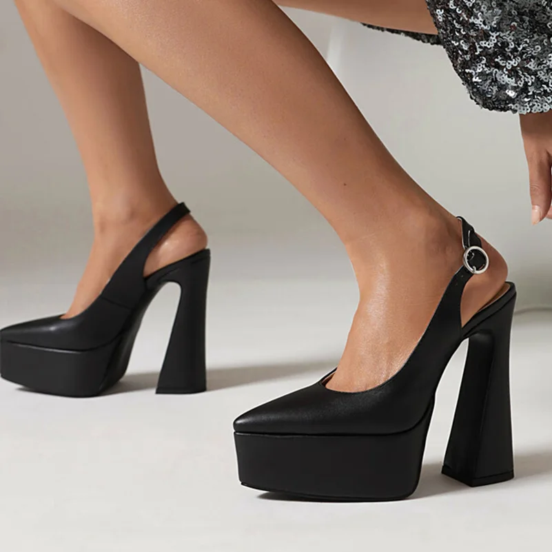 Women Slingbacks Pu Leather Sandals Platform Super High Hoof Heels Pointed Toe Sexy Party Summer Shoes 35-43
