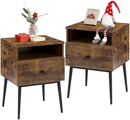 

Set of 2, Modern Side End Tables with Drawer and Storage Shelf for Living Room Bedroom, Industrial Wood & Metal Frame, Night Sma