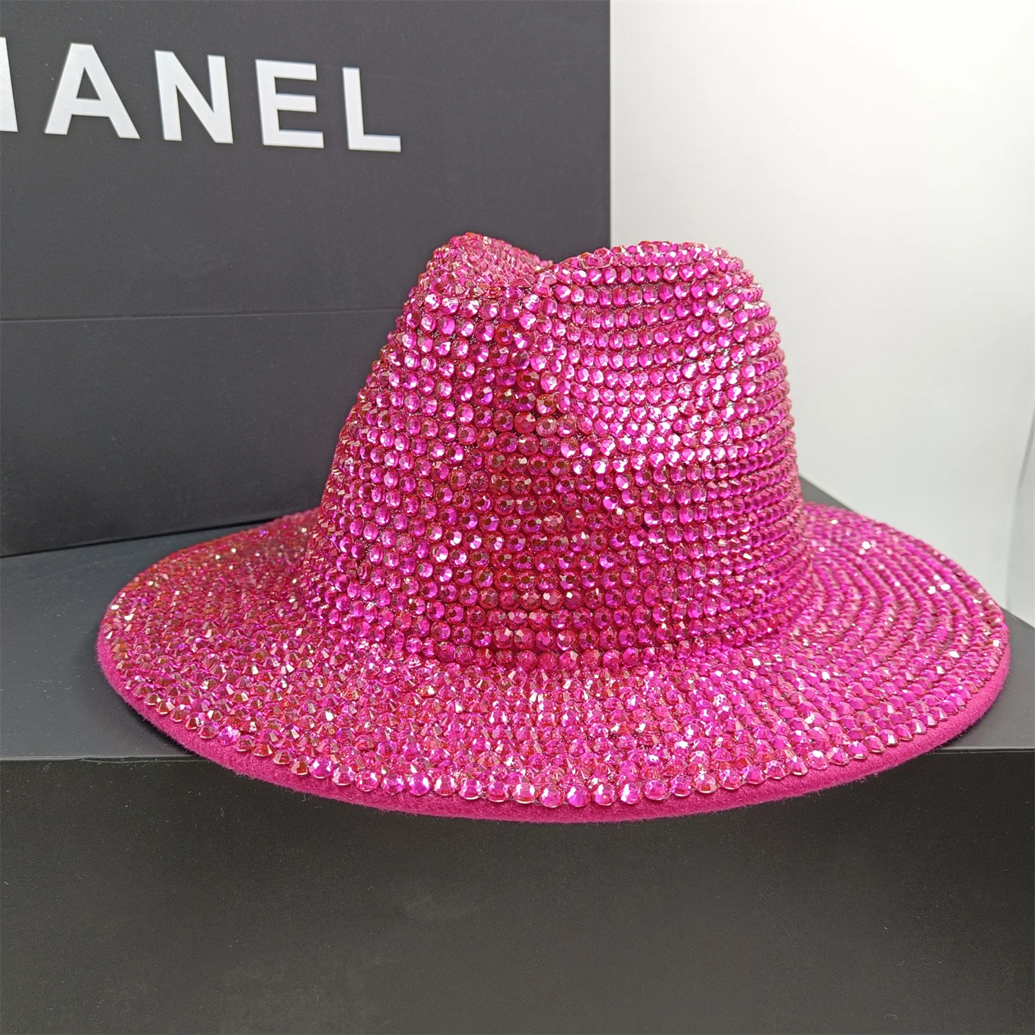 New Pink Pearl fedora Rhinestone Hat Women Men handmade diamond