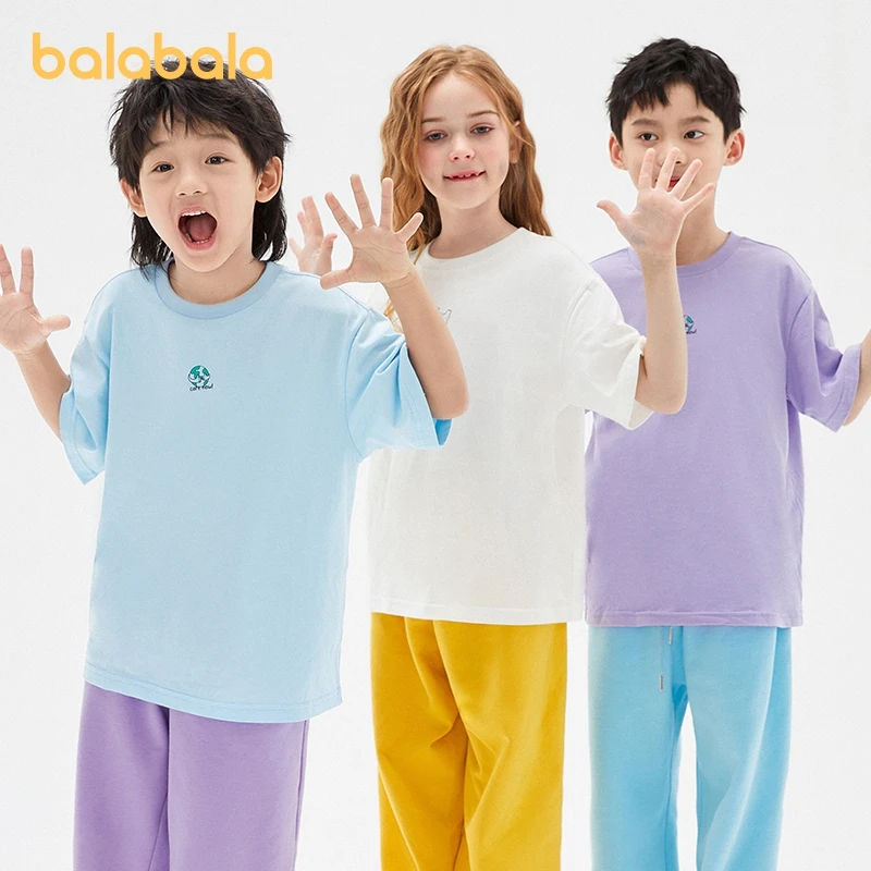 

Balabala Short-Sleeved T-Shirt Boys Girls 2024 Summer New Parent-Child Solid Color T-Shirt Loose Top Pure Cotton