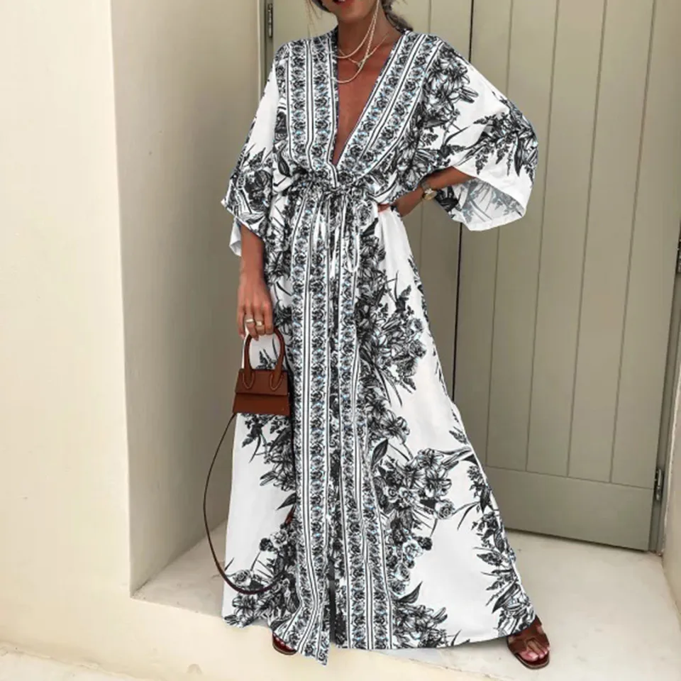 Summer Floral Dress Boho Maxi Dress Ireland Wholesale Summer Boho Print Half  Sleeve Laced Long Dress