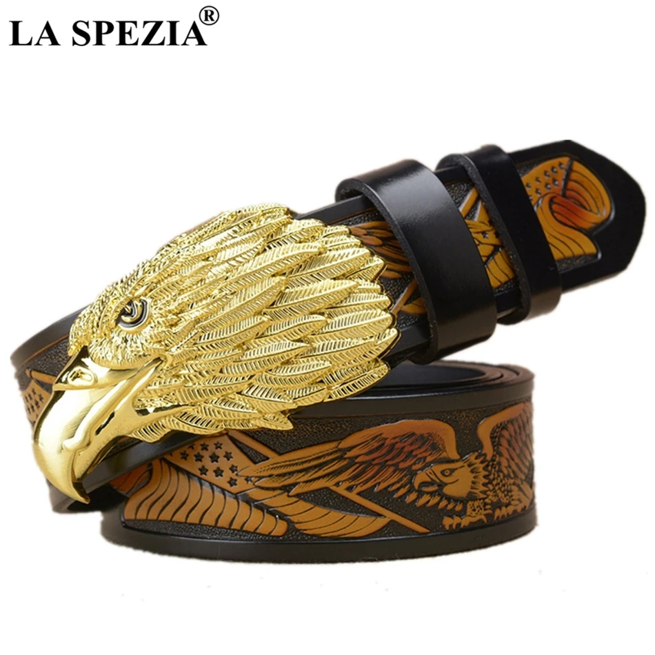 LA SPEZIA Real Leather Belt Men Gold Eagle Pin Buckle Belt Male Italy Brand Genuine Cowhide Leather Vintage Designer Belts 130cm 1pc deepeel 3 8 110 130cm embossed genuine leather belt body first layer cowhide male designer headless crafts adults belts