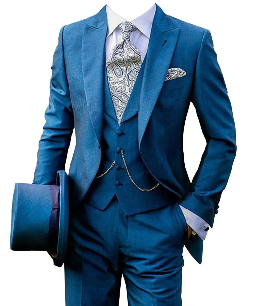 

New Blue Men Suit For Wedding 2022 Custom Made Slim Fit Single Breasted Bridegroom Men Suits Causal Prom Groom Tuxedos 3Pieces