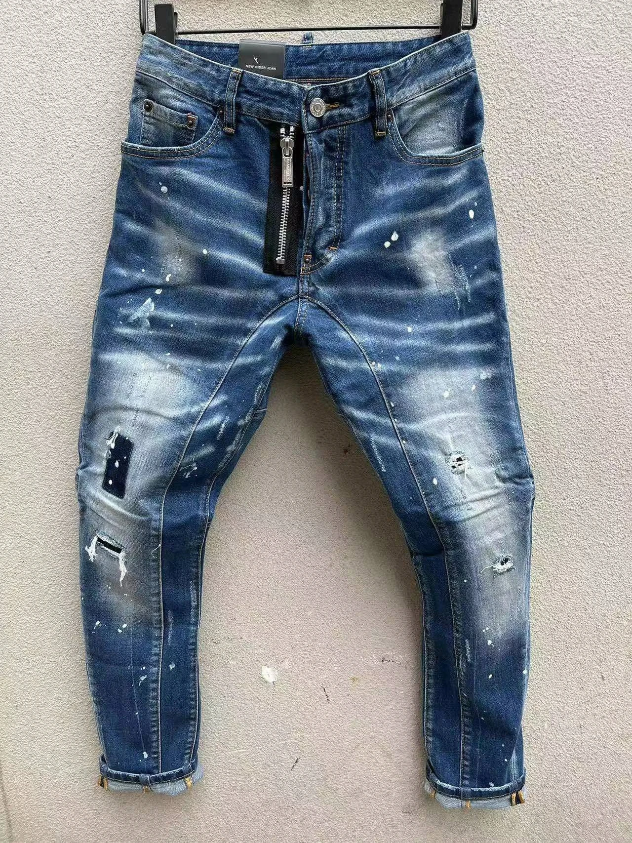 

Men's Italy Spliced Hole Fake Zippers Decorate Bleached Fashion Pencil Pants Jeans 801-1#