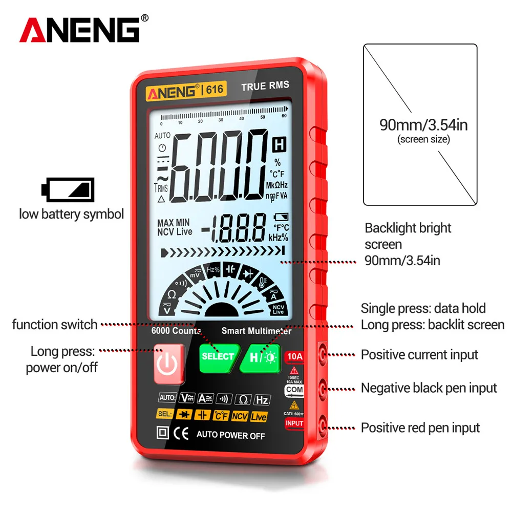 Portable Capacitance Meter Automatic Shutdown 6000 Counts Capacitor Tester LCD Backlight Display Auto Range for Ohm Diode NVC Hz capacitance meter