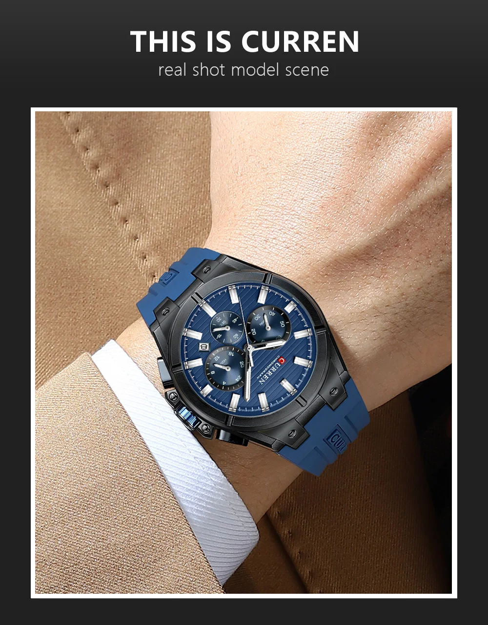 CURREN Moder Design 43mm Watch for Men with 3 Sub-Dials Quartz Movement Casaul Silicone Strap Wristwatch Luminous Hands and Date