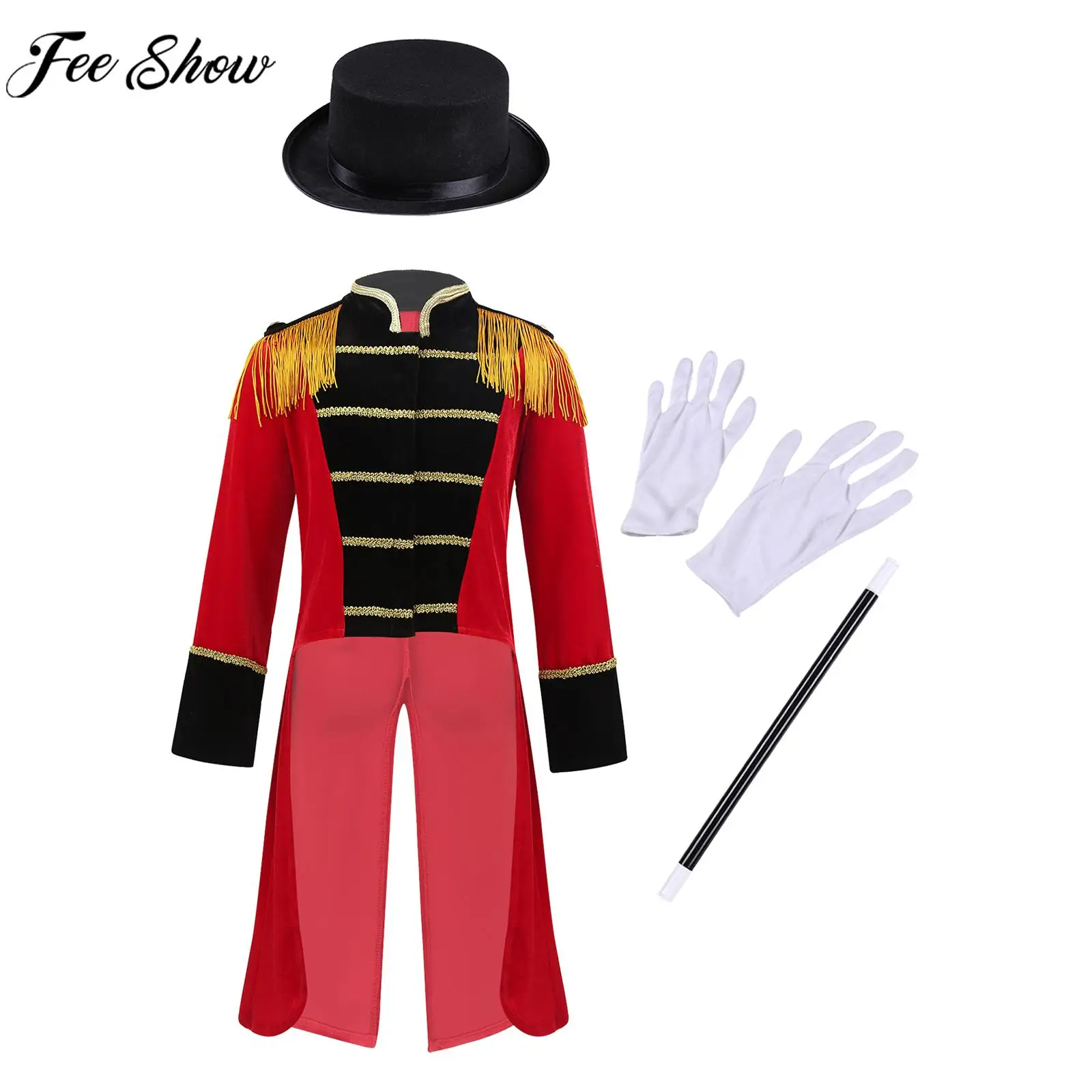 

Children Boys Halloween Circus Ringmaster Cosplay Performance Costume Long Sleeve Tassel Tailcoat with Hat Magic Wand Gloves Set