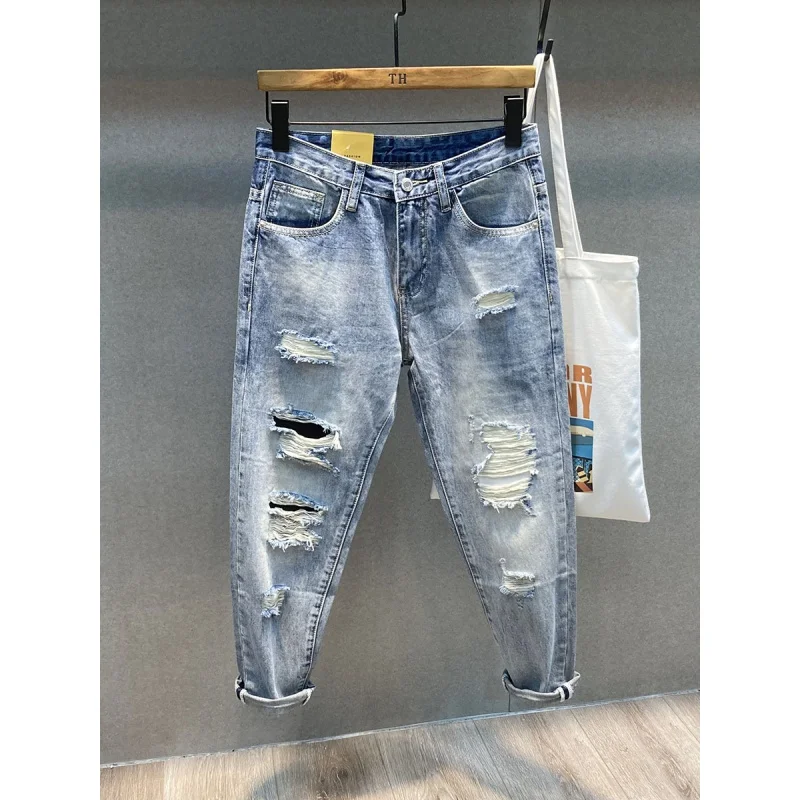 Summer2024New Japanese Pants Men's Loose Hole Cropped Length Retro Street Personality Trend Loose Straight Harem Jeans