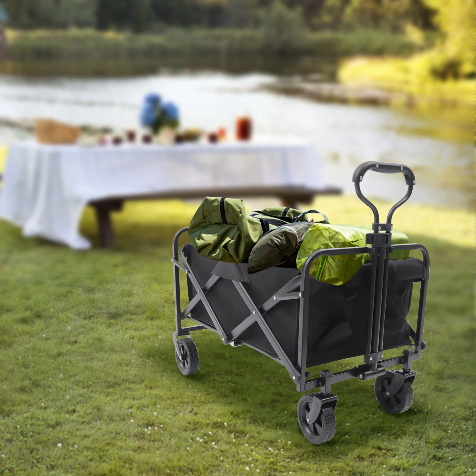 Black Collapsible Folding Wagon Garden Cart Utility Wagon Beach Wagon with 5" Rubber Wheels Adjustable Handle And 2 Cup Holder