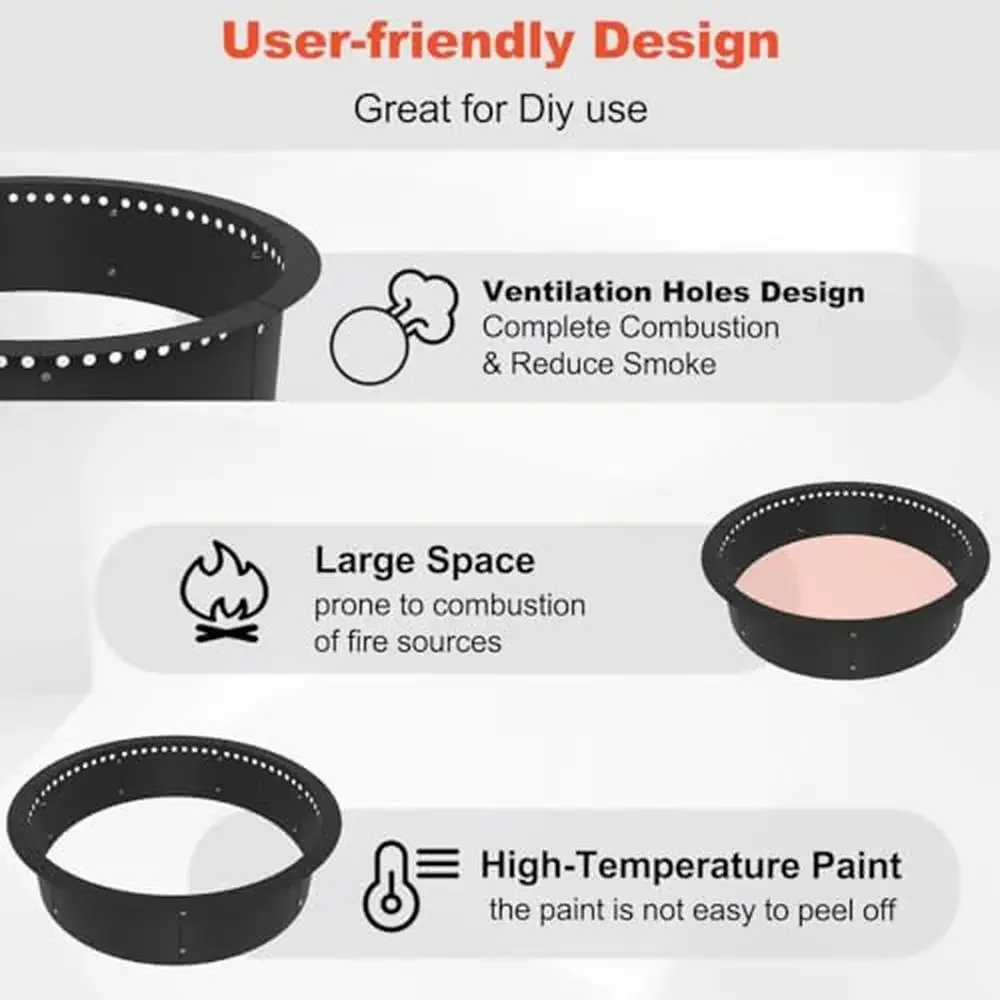 Outdoor Fire Pit Ring Liner 35-Inch Heavy Duty Steel Insert DIY Bonfire Pit Ventilation Holes Large Size Easy Assembly Safe
