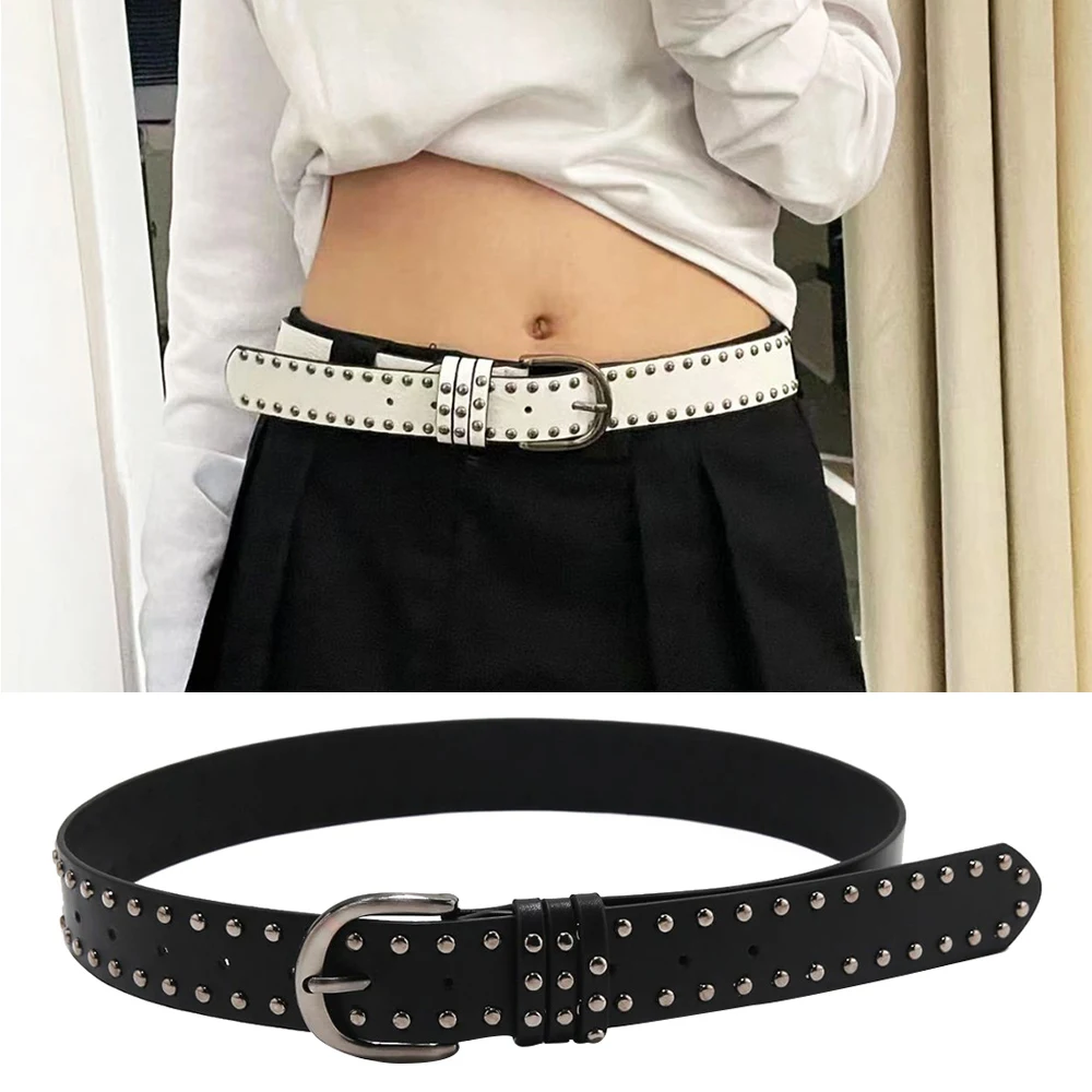 

Women y2k Star Eye Rivet Belt Double Row Hole Belt Punk Waist Strap Hollow Out PU Leather Jeans Decorative Fashion Waistband