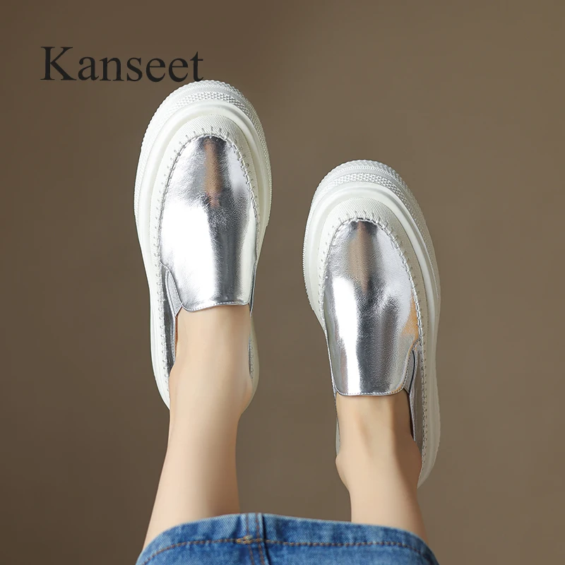 

Kanseet 2023 Autumn Platform Round Toe Silver Gold Genuine Leather Women Shoes High Quality Chunky Heel Causal Handmade Footwear