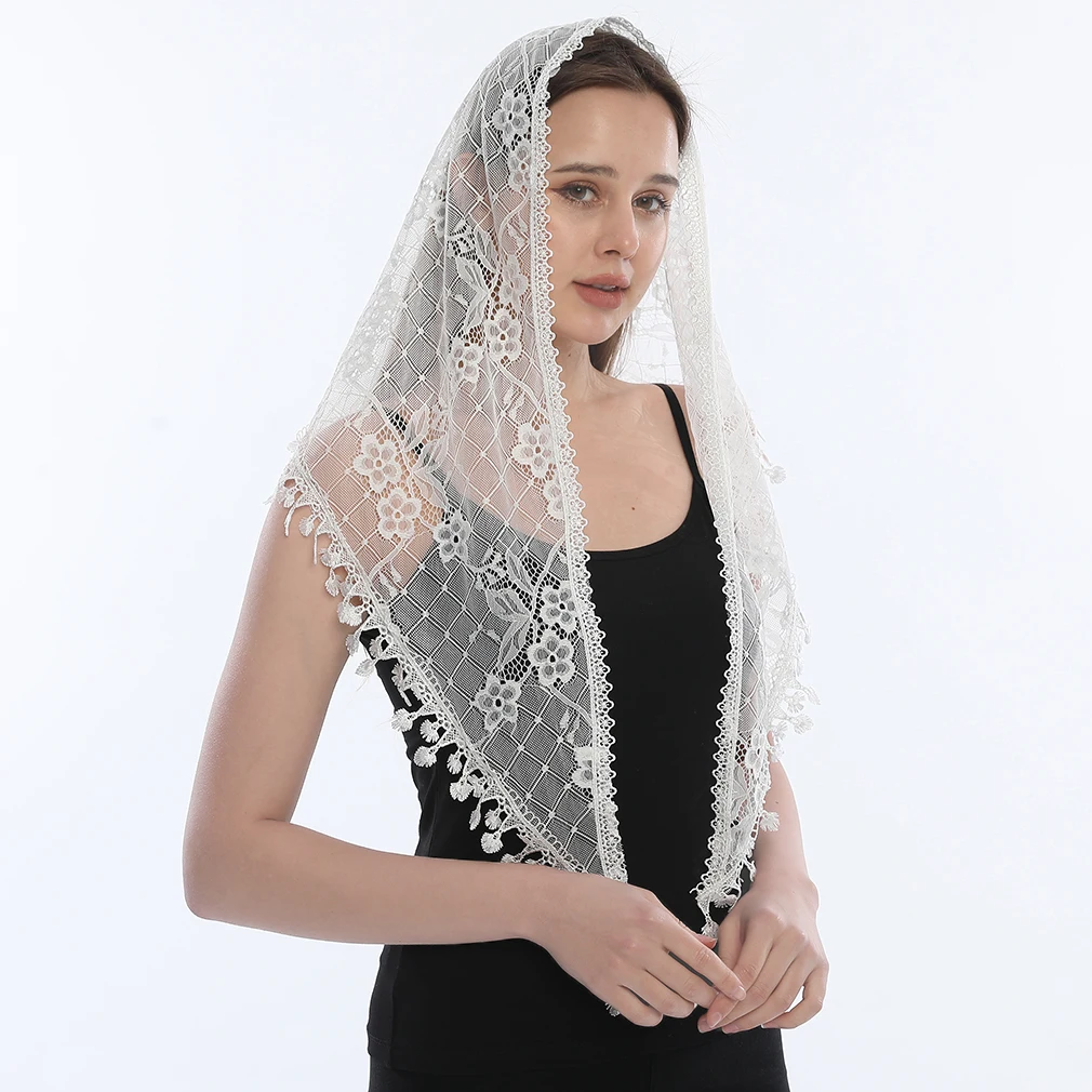 Embroidered Scarf for Church Shawl with Spanish Fringes Christian Veil Spanish Mantilla Lace Shawl Floral Women Handkerchief 4