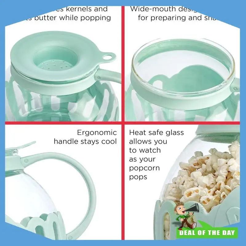 משלוח של 24 שעות טמפרטורה בטוחה זכוכית מיקרוגל פופקורן פופר, כולל מכסה מדידה עבור גרנלים והתכה של חמאה, צלחות