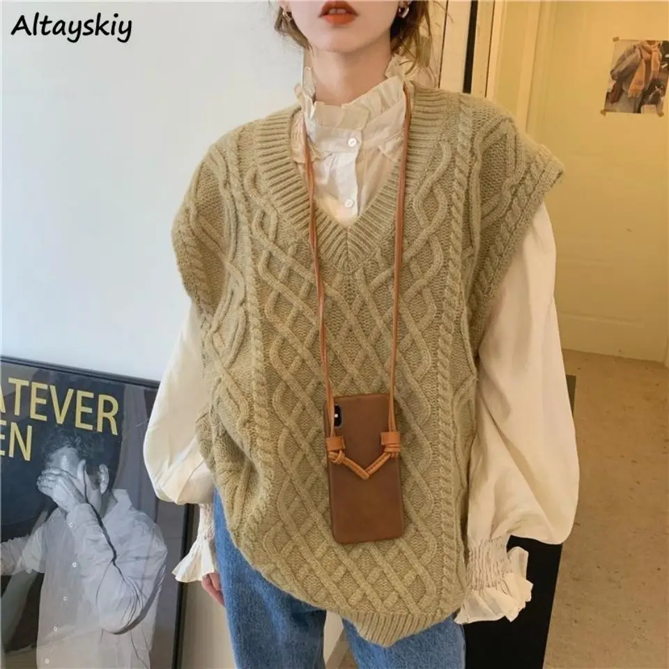 

Sweater Vest Women V-neck Loose Simple Basic Teens Retro Preppy Ulzzang Warm Soft Lazy Stylish Knitted Mujer Clothes Tender Chic