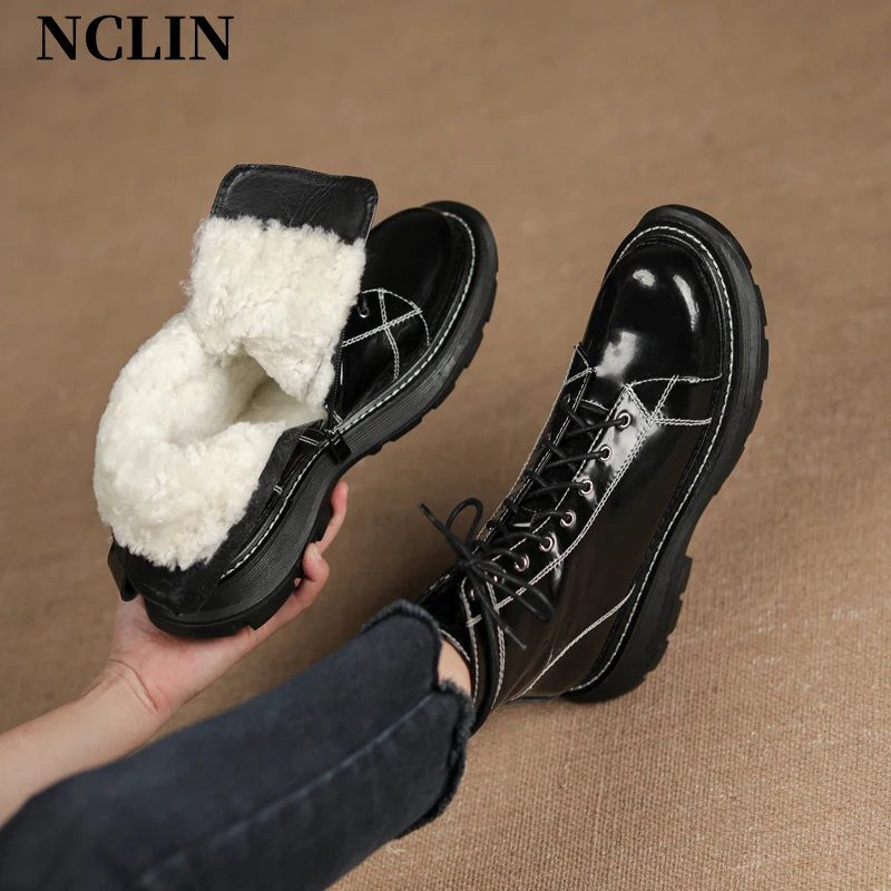 

Winter Genuine Leather Snow Boots for Cold Fashion Women Boots 2024 Lamb Wool ZIP Ankle Boots for Women Round Toe Platform Shoes