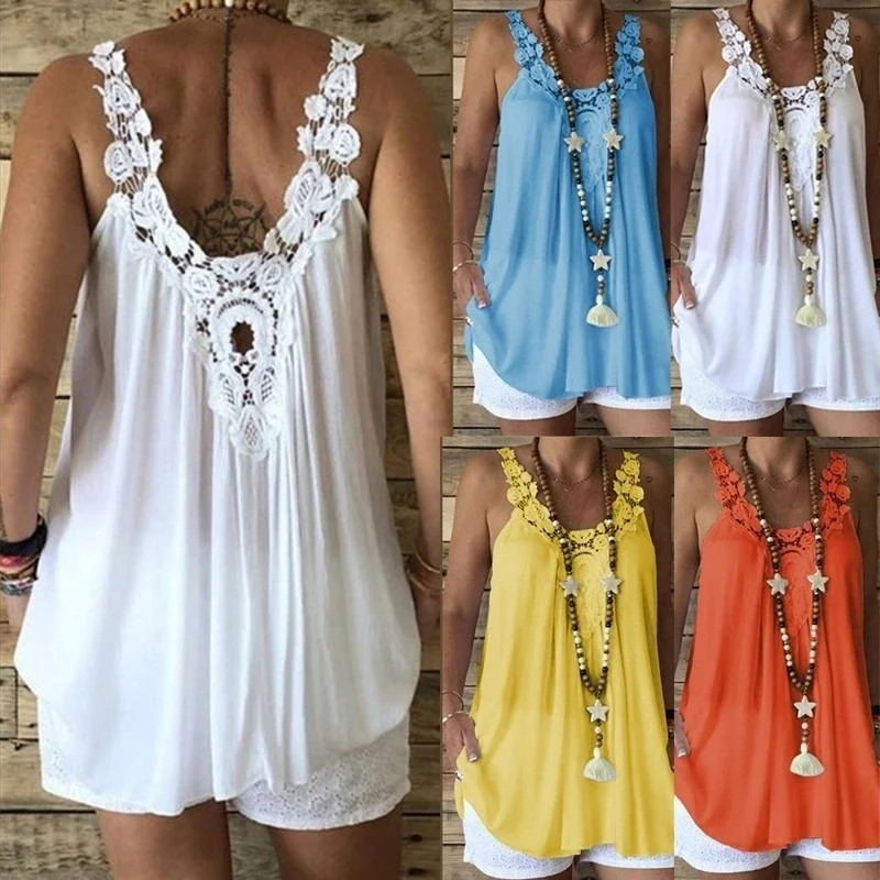 

New Ladies Clothing Trend Leisure Beach Summer Ladies Sexy Halter Top Pure Color Lace Hollow Round Neckline Suspenders T-shirt