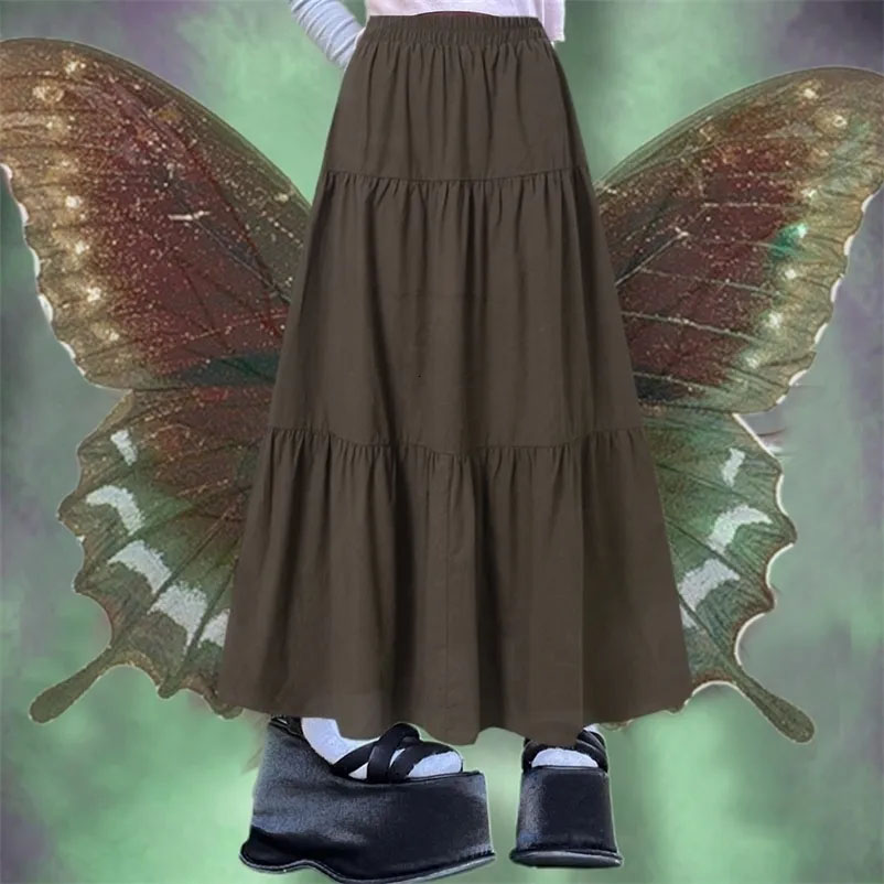 Cottagecore Brown Midi Skirt Airy Linen-blend Low Rise Tiered A-line Long Skirt for Women Teen-girls Vintage Fairycore Outfit