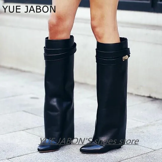 

Shark Lock Women Wedge Boots Genuine Leather Over Knee High Boot Female Pointed Toe Riding Boots Wedges Long Suede Botas Mujer