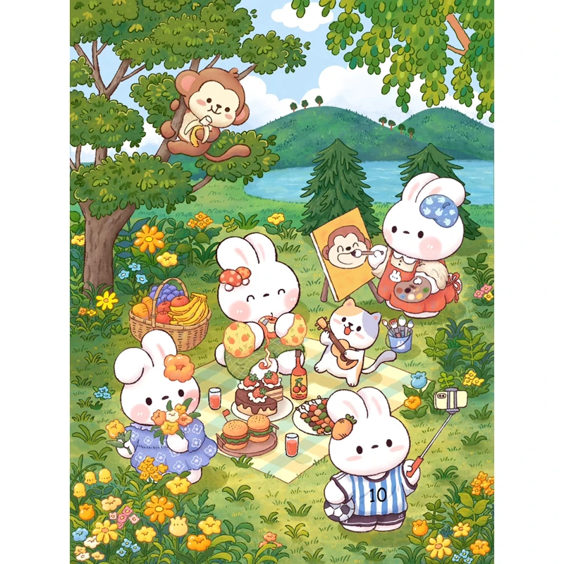 Picnic Rabbits 9CT Needlework,DIY Cross Stitch Set Full Embroidery Kit, Printed Cross-stitch Gift, Home Wall Decor New 65x90cm