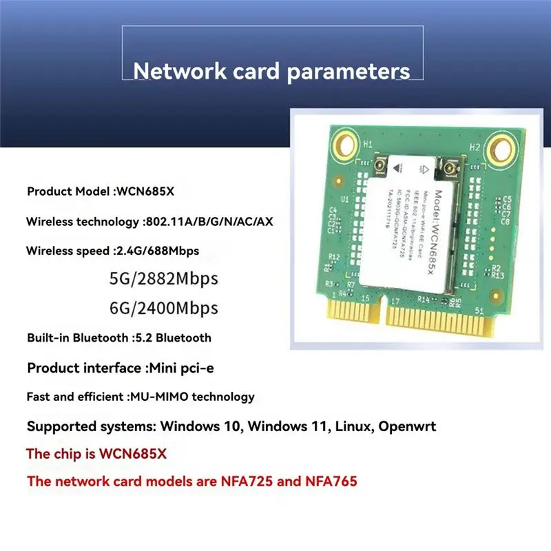 AX6000 WIFI 6E NFA725 NFA765 WCN685 미니 PCIE 무선 와이파이 카드(2.4G 5G 6G 지원, 블루투스 5.2 안테나 포함)