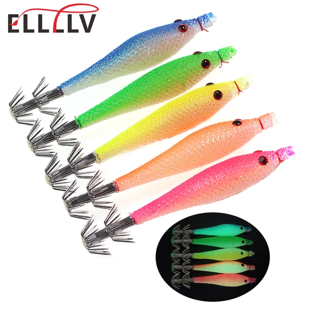 Ellllv 5PCS/Bag 9cm/7.6g Soft Squid Lure Jigs Double Umbrella Hook