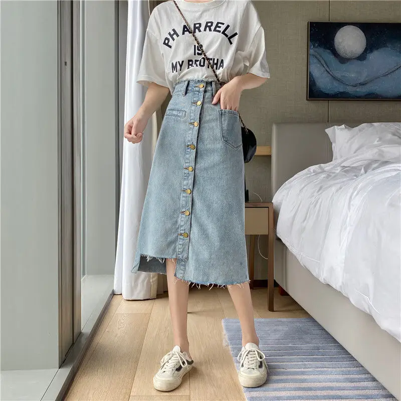 pleated skirt Women Irregular Denim Skirts Asymmetrical Button Fly Frayed Skirt Side Split Pocket Empire Trendy Female A Line Korean Skirt New ruffle skirt