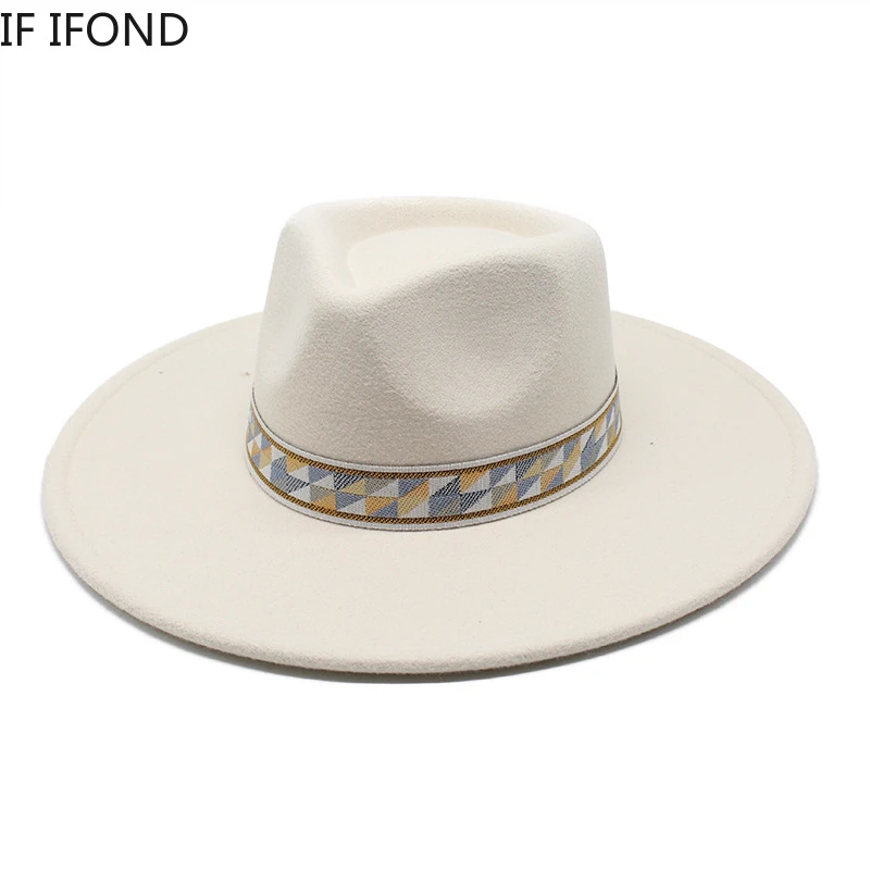 French Style Fedora hat For Women 9.5CM Wide Brim Felt Elegant Wedding Dress Hat Panama Winter Jazz Hats cream fedora hat