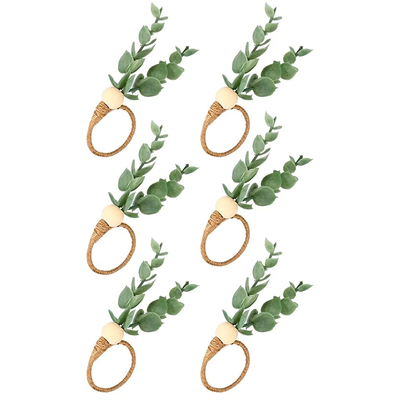 6 Pieces Eucalyptus Napkin Rings Handmade Wooden Beads Home Decor Faux Greenery Napkin Holders for Weddings Party Etc