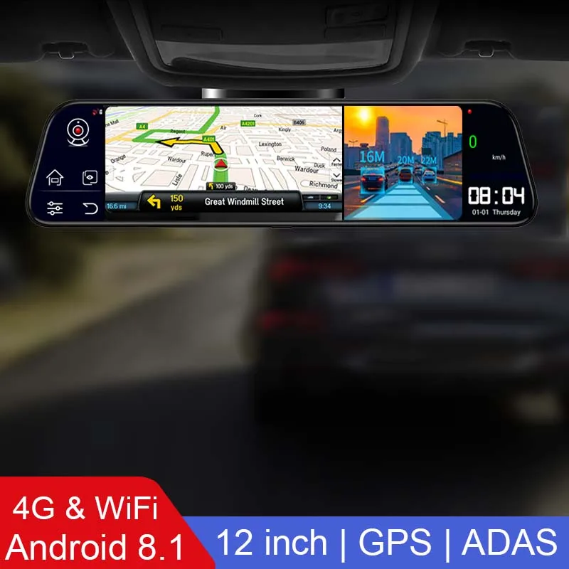 

ADAS 12'' 4G Dash Cam GPS navigation Bluetooth 1080P Rearview mirror Camera Recorder Car DVR black box 24H park RAM 4GB ROM 32GB