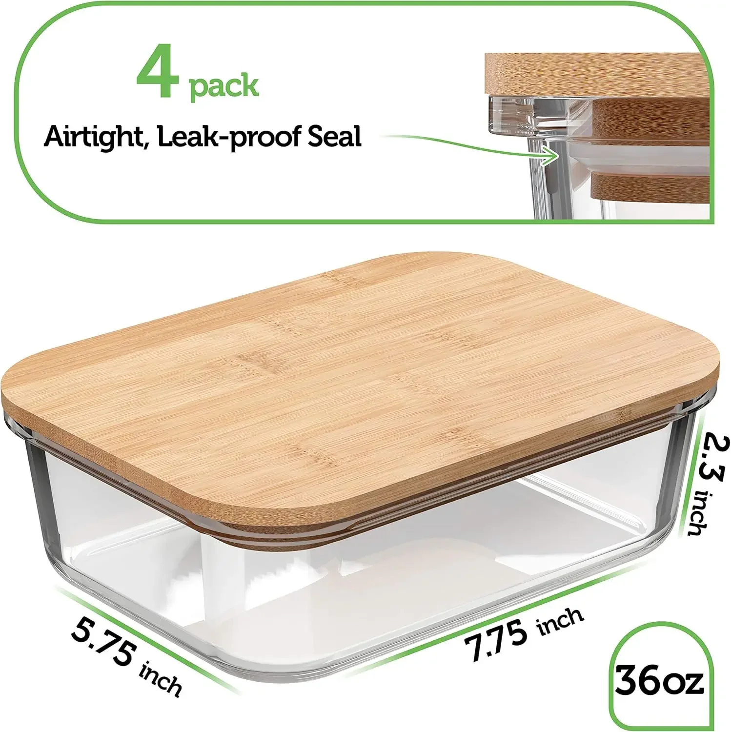 Glass Food Storage Containers with Bamboo Lids (4 Pack, 36 Ounce) Eco Friendly Meal Prep Containers Airtight – Plastic Free, BPA 2