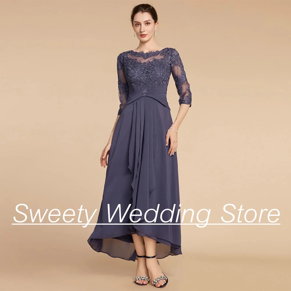 Mother of The Bride Dress Scoop Neck 3/4 Sleeves Applique Pleat Waist Ankle Length A Line Wedding Guest Gown Party Dresses