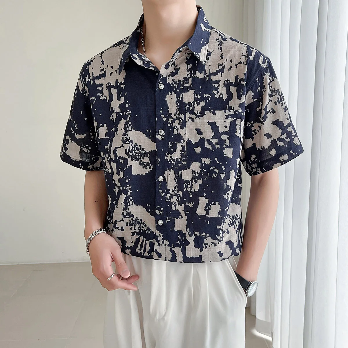 

Plus Size Vintage Short Sleeved Men Printed Shirts Fashion Harajuku Korean Mens Shirt Summer Cotton Camisa Masculina Streetwear