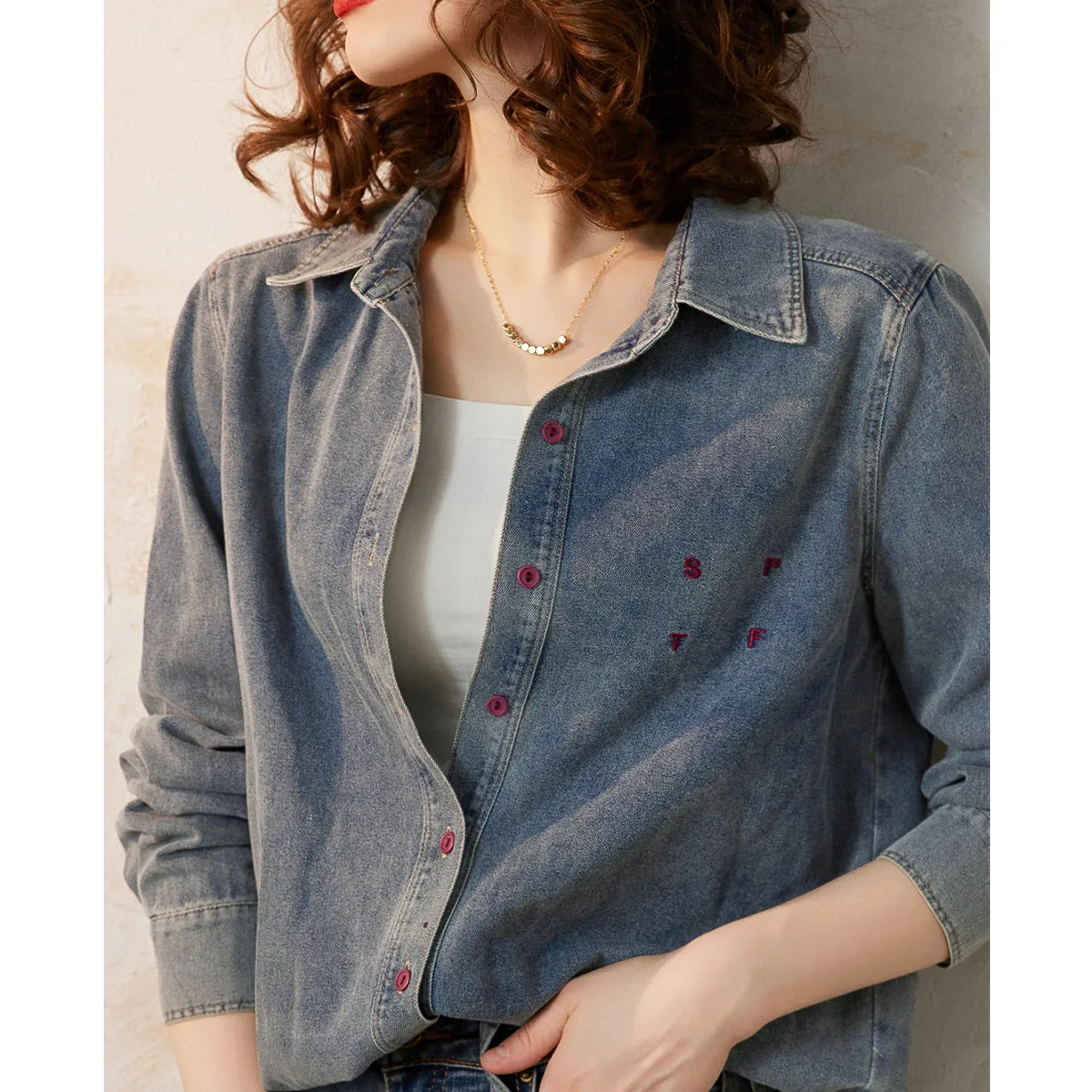 LOUIS YAO Women Denim Shirt 2024 Spring New Turn Down Collar Long Sleeve Embroidery Letter Washed Casual Loose Fit Blouse Top