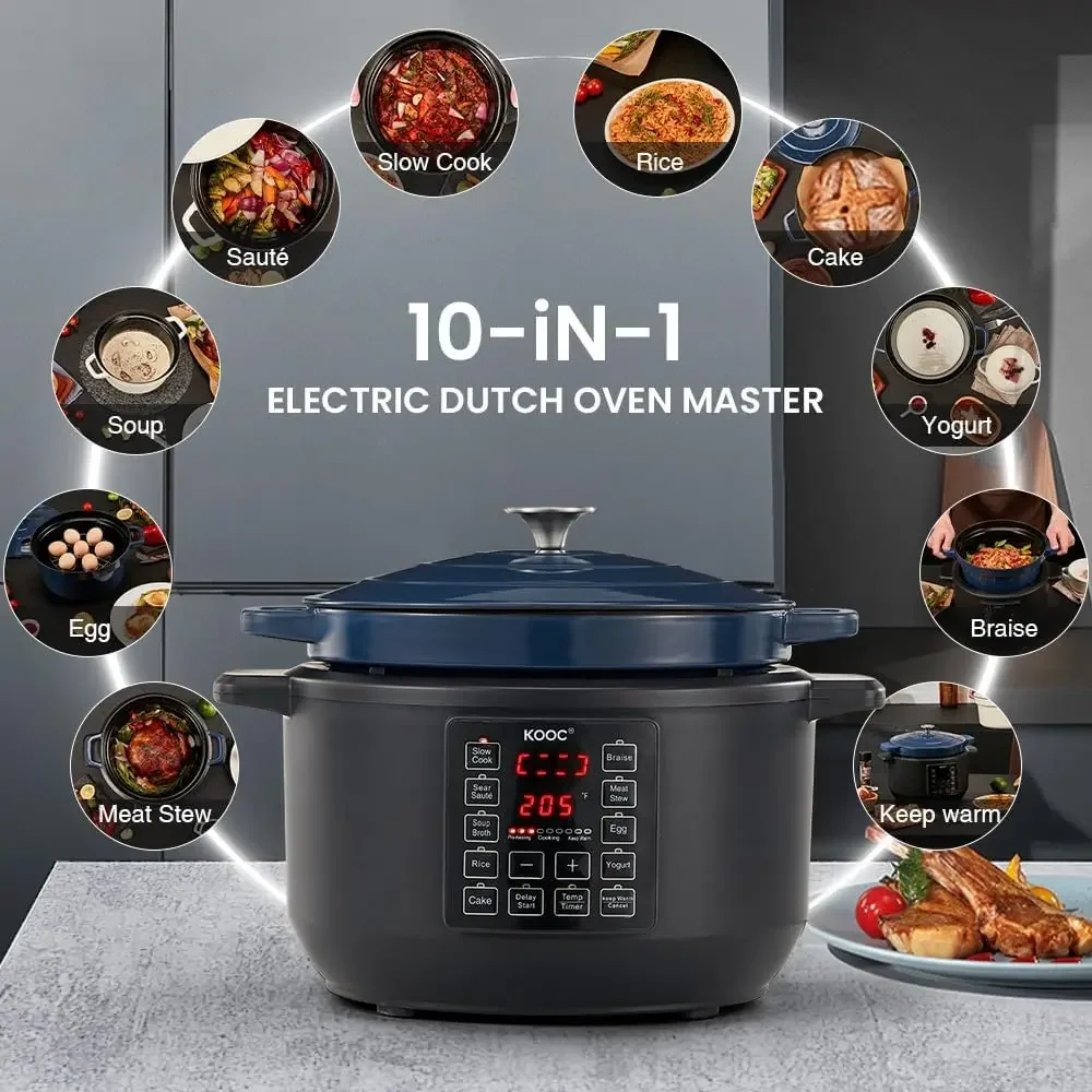 10-in-1 Slow Cooker 6 qt Blue, Electric Dutch Oven, Croc Pot 6 Quart, Slow Cook, Sear/Sauté, Nonstick, Enameled Cast Iron with S 2