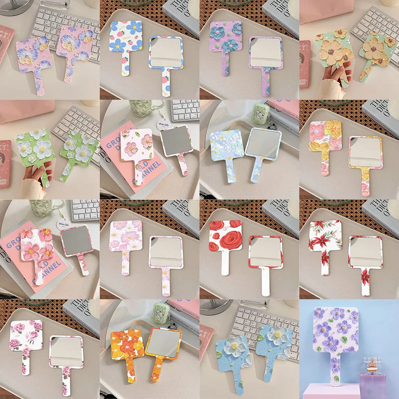 Small Portable Makeup Mirror Handle Mini Square Flower Pocket Vanity Mirrors Women Girl Cosmetic Tools