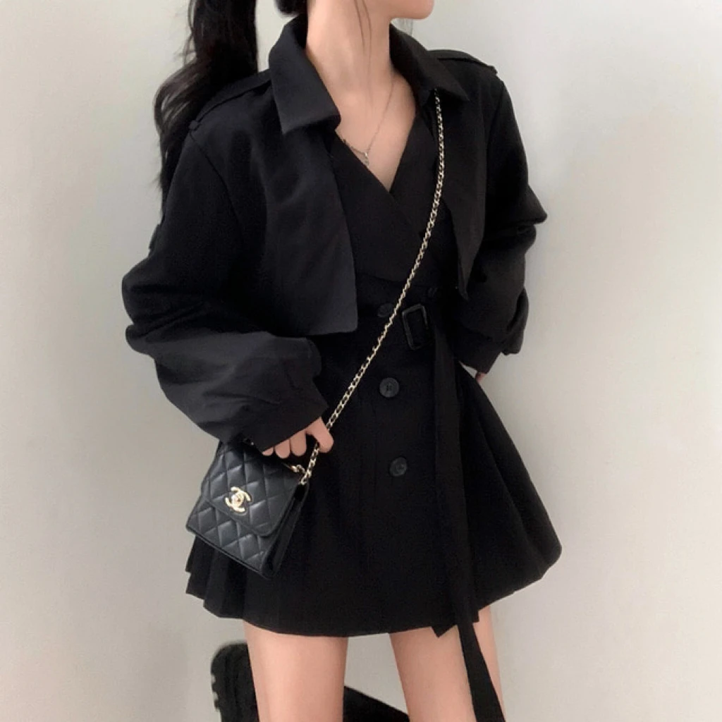 Gabardina elegante y plisada de estilo coreano para mujer, vestido con cinturón, cuello vuelto, doble botonadura, liso, para otoño