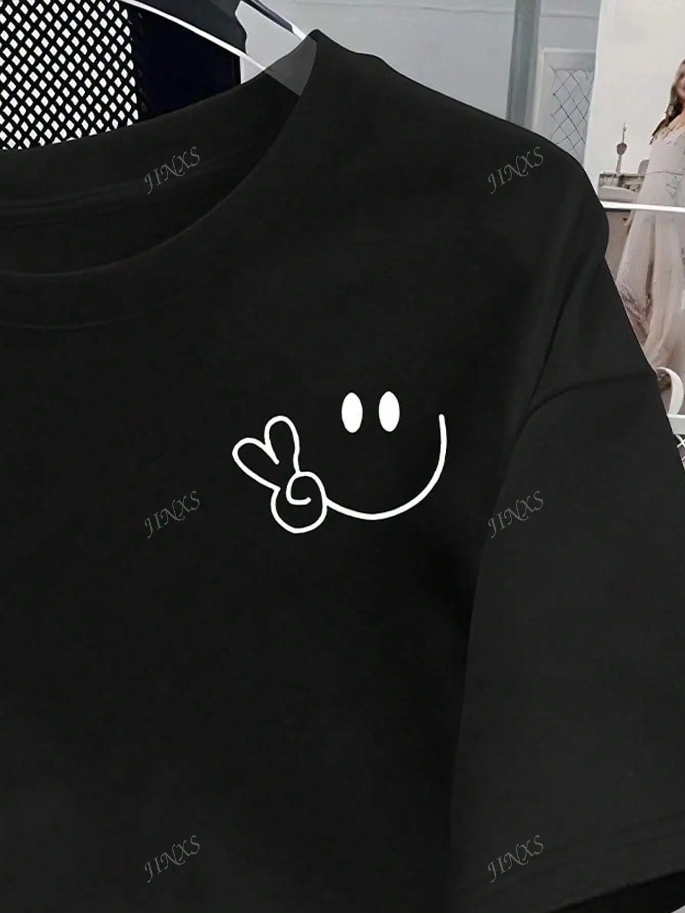 Stylish Tee with Adorable Smile and Peace Sign Design Ideal for Curvy Ladies into Playful Fashion 5