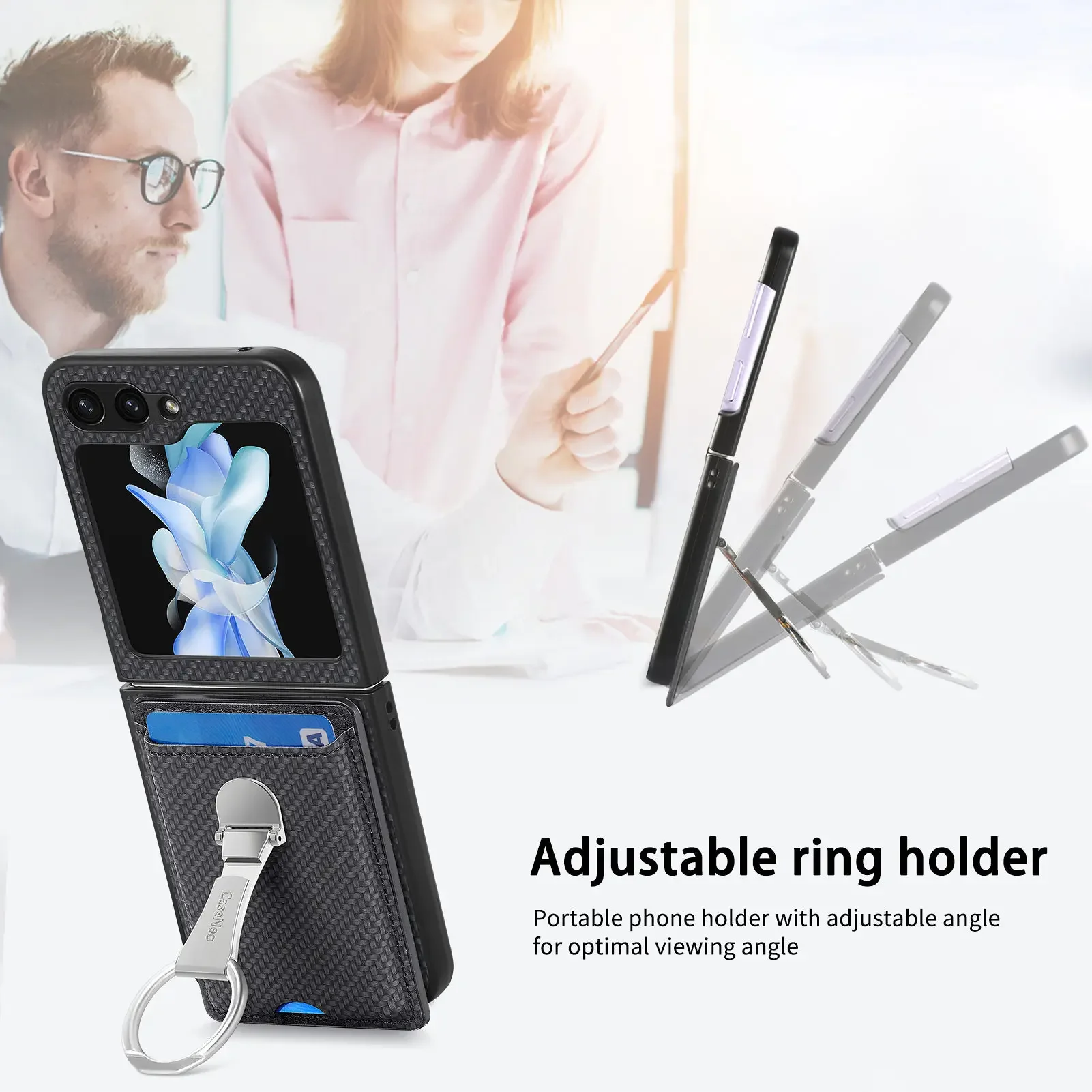 링 카드홀더 지갑 플립 폰 케이스, 삼성 갤럭시 Z 플립 6 5 4 3 2 Flip6 Flip5 Flip4 Flip3 Flip2 5G PU 가죽 커버